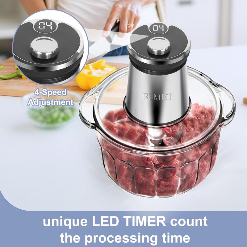 BUMET 16 cup glass bowl 850W Electric Food Processor,LED timer. 3-Tiered 6 Cutting Edges blade for mincing, chopping,Ideal as meat grinder,fresh vegetables chopper,pet food process in kitchen. - Image 3